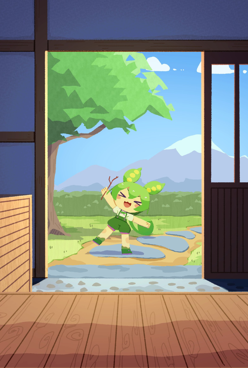 &gt;_&lt; 1girl architecture arm_up blue_sky blush branch clouds commentary day doorway east_asian_architecture from_inside green_footwear green_hair green_shorts highres holding holding_branch konohoshi mountain open_door open_mouth shirt shoes short_sleeves shorts sky sliding_doors smile solo standing suspender_shorts suspenders symbol-only_commentary tree voicevox white_shirt wide_shot wooden_floor zundamon