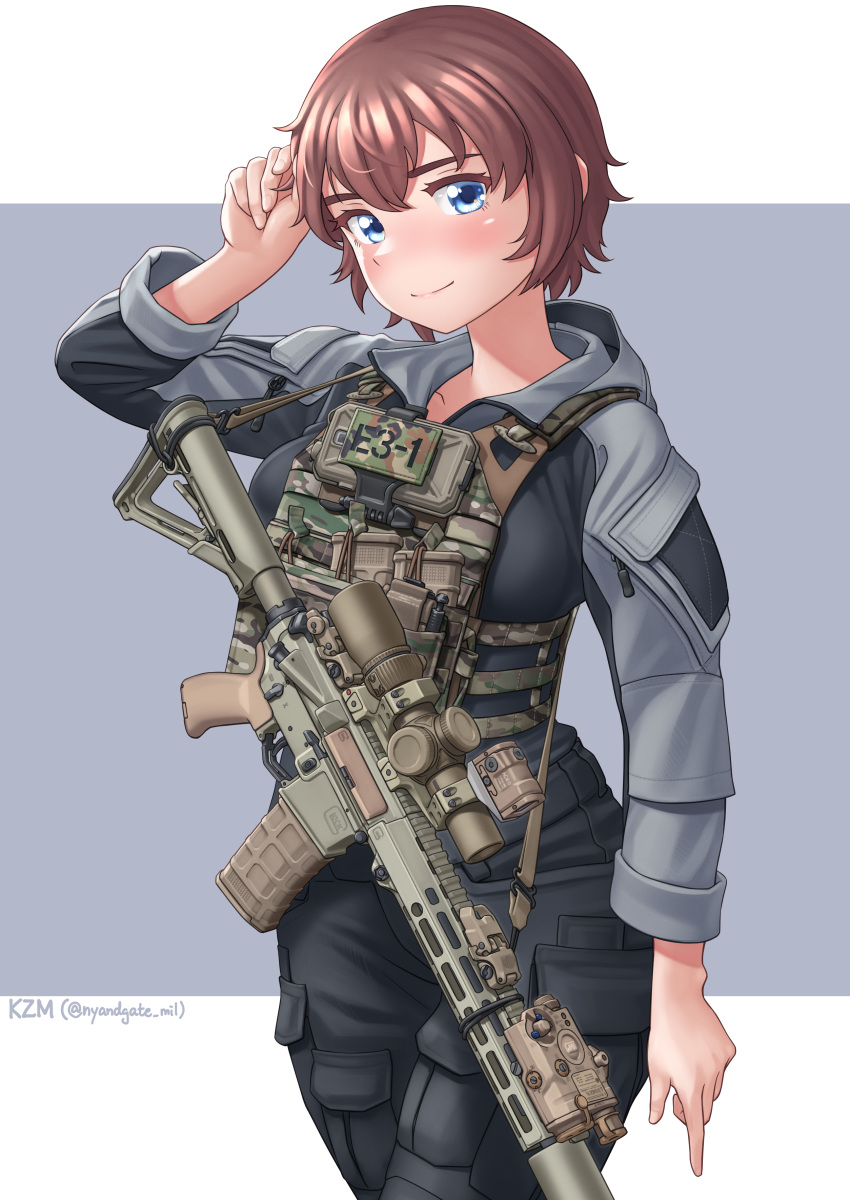 1girl absurdres ar-15 artist_name black_jacket black_pants blue_eyes blush brown_hair cargo_pants closed_mouth cowboy_shot grey_jacket gun gun_sling hand_in_own_hair harness highres jacket kzm_(sub-moa_works) load_bearing_vest long_sleeves looking_at_viewer magazine_(weapon) multicolored_clothes multicolored_jacket original pants redhead rifle scope short_hair signature simple_background smile solo standing twitter_username two-tone_jacket weapon