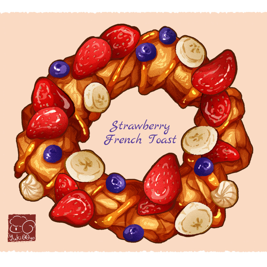 artist_logo banana banana_slice berry blueberry bread food food_focus food_name fruit highres no_humans original strawberry syrup yuki00yo