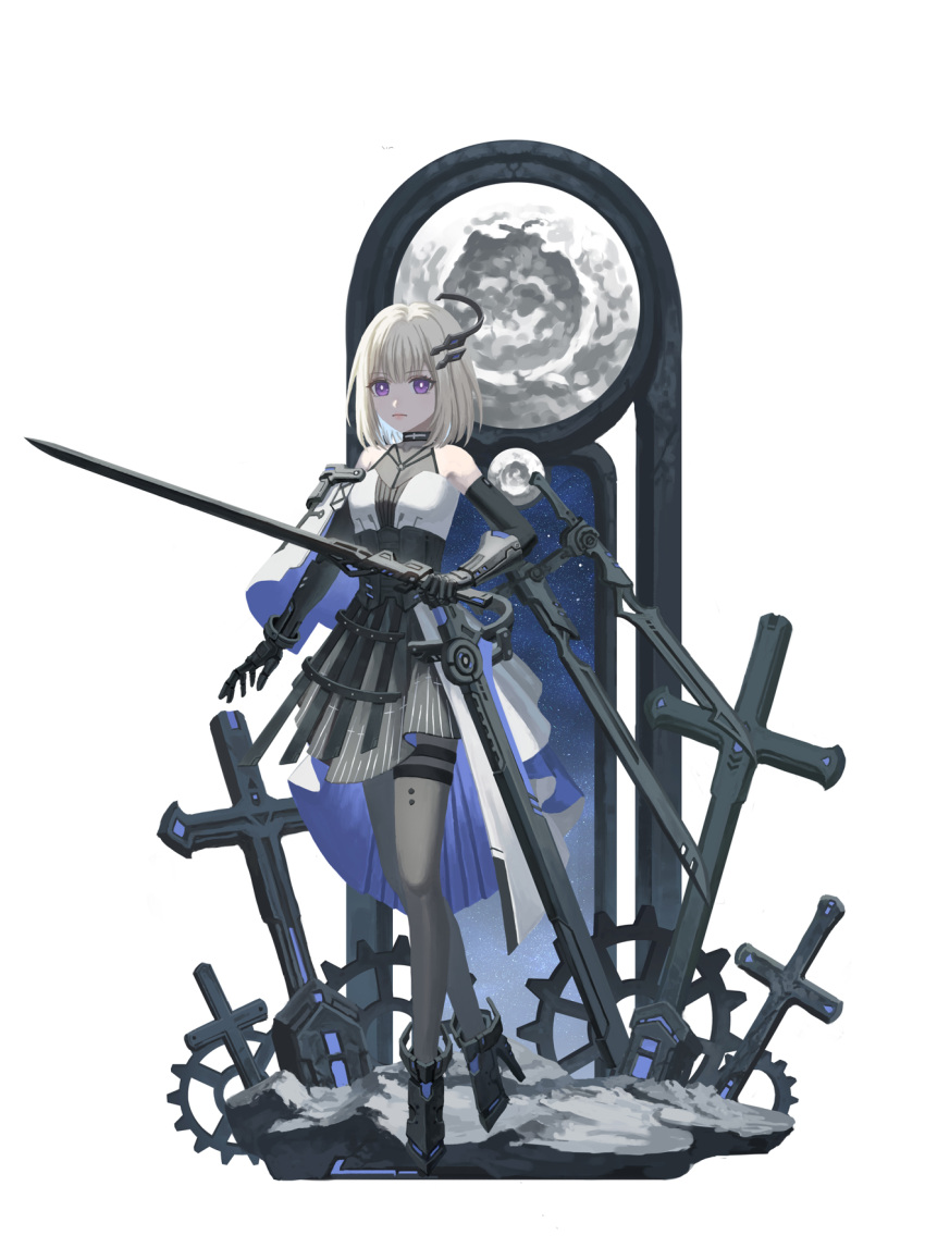 1girl bang_dream! bang_dream!_it's_mygo!!!!! black_gloves black_pantyhose black_skirt blonde_hair cape character_name chinese_commentary closed_mouth commentary_request cross elbow_gloves expressionless full_body gears gloves halo high_heels highres holding holding_sword holding_weapon looking_at_viewer mechanical_halo mechanical_hands medium_hair misumi_uika pantyhose simple_background skirt sky solo star_(sky) starry_sky sword thigh_strap violet_eyes weapon white_background white_cape xukong