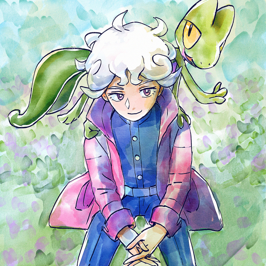 1boy bede_(pokemon) belt blue_jacket blue_pants bright_pupils buttons closed_mouth coat commentary curly_hair go-lurk highres jacket male_focus own_hands_together pants pink_coat pokemon pokemon_(creature) pokemon_on_back pokemon_swsh short_hair smile treecko violet_eyes white_hair white_pupils