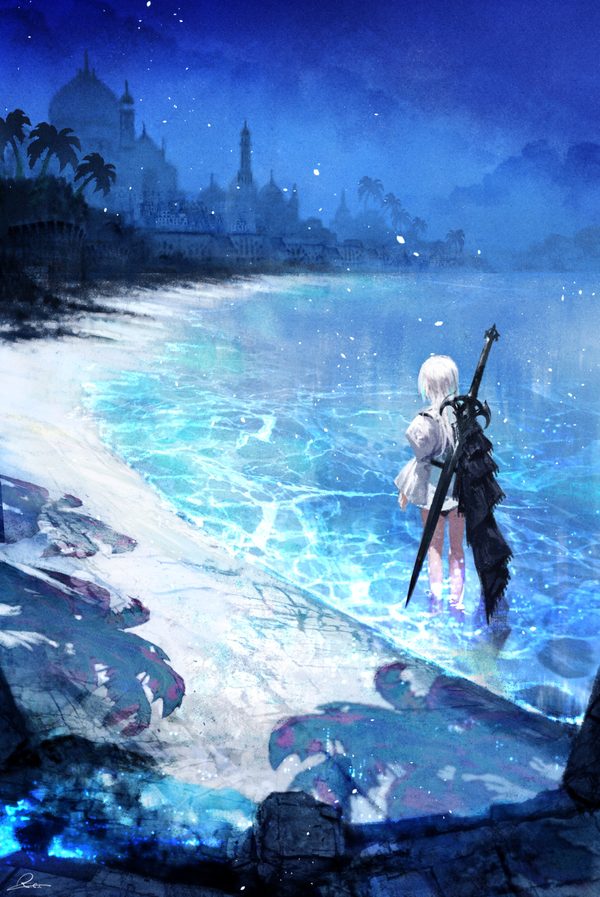 1girl beach building cape concept_art dress fantasy fm from_above from_behind highres kurasuta long_hair night night_sky official_art original outdoors palm_tree partially_submerged sand scenery shore sky sword sword_behind_back tree water weapon white_dress white_hair wide_sleeves