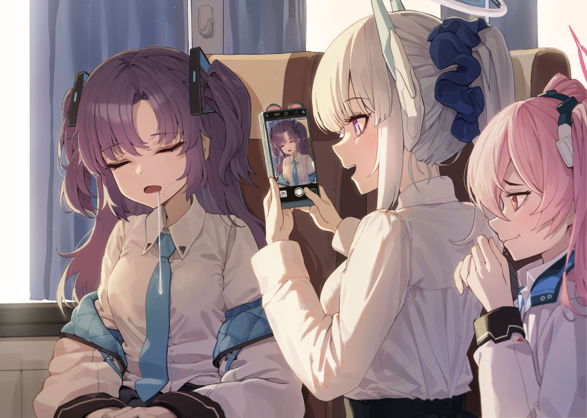 3girls :d ^_^ absurdres alternate_costume alternate_hairstyle blue_archive blue_necktie blunt_bangs cellphone closed_eyes coat collared_shirt commentary_request drooling hair_between_eyes hair_ornament hair_scrunchie halo headgear highres holding holding_phone indoors kokukyukeo koyuki_(blue_archive) lone_nape_hair long_hair long_sleeves looking_at_another multiple_girls nape necktie noa_(blue_archive) open_clothes open_coat parted_bangs phone pink_eyes pink_hair ponytail purple_hair school_uniform scrunchie shirt sidelocks sitting sleeping smartphone smile stifled_laugh taking_picture train_interior triangle_hair_ornament twintails white_coat white_hair white_shirt window yuuka_(blue_archive)