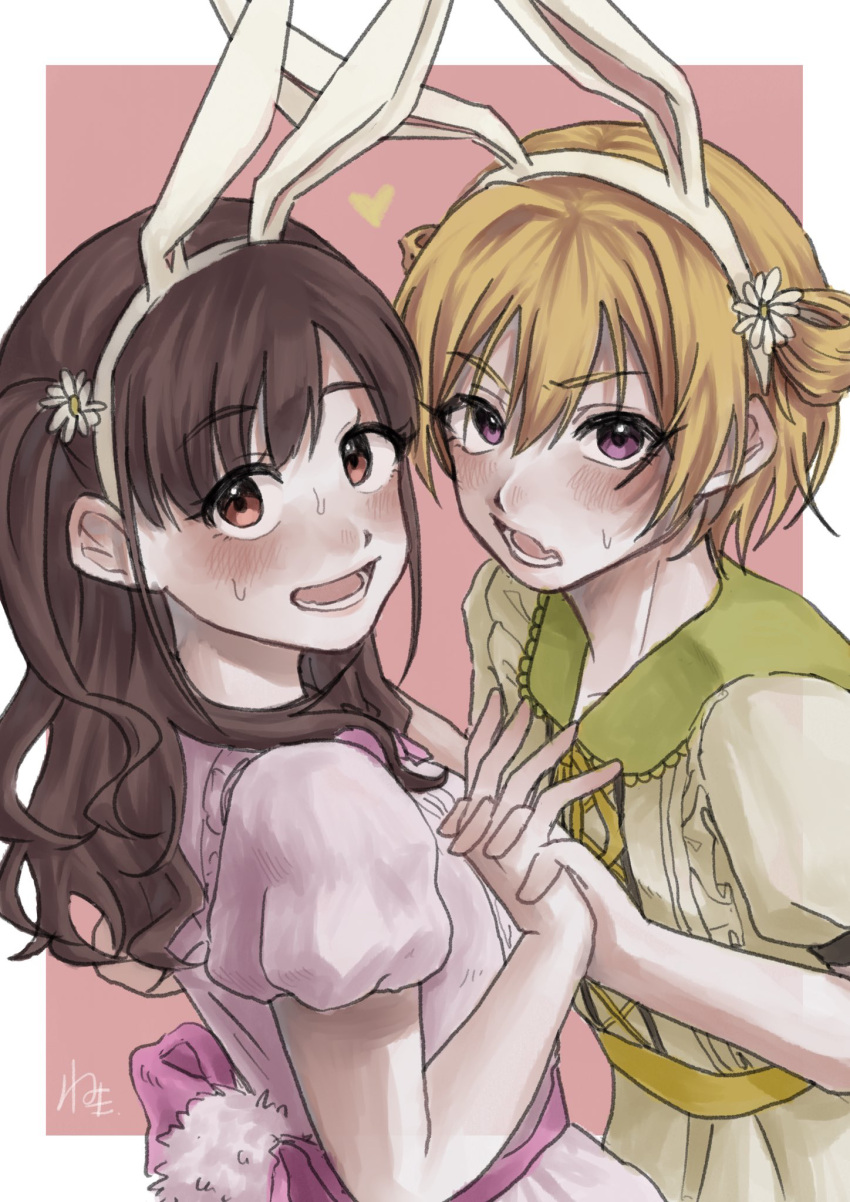 0728_necota animal_ear_hairband animal_ears blonde_hair blush brown_hair commentary_request dress fake_animal_ears fake_tail green_sailor_collar hairband heart highres holding_hands idolmaster idolmaster_shiny_colors interlocked_fingers looking_at_viewer nervous_smile nervous_sweating pink_dress puffy_short_sleeves puffy_sleeves rabbit_ear_hairband rabbit_ears rabbit_tail saijo_juri sailor_collar short_sleeves signature simple_background smile sonoda_chiyoko sweat sweatdrop tail two-tone_background yuri