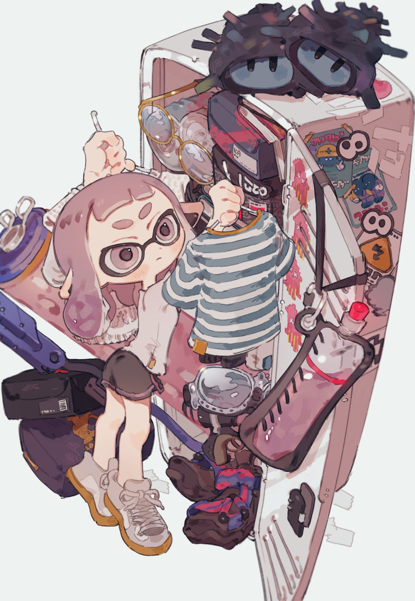 0_05kmgrn 1girl absurdres arms_up black_footwear black_shorts blunt_bangs blush book box breasts can closed_mouth clothes_hanger cross-laced_footwear dolphin_shorts drink_can dual_wielding earrings full_body glasses goggles highres holding holding_clothes holding_shirt ink_tank_(splatoon) inkling inkling_girl inkling_player_character jewelry locker looking_at_object medium_hair pink_eyes pink_hair pointy_ears purple_trim round_eyewear sandals shirt shorts small_breasts solo splat_roller_(splatoon) splatoon_(series) splatoon_3 sticker striped_clothes striped_shirt super_sea_snail tentacle_hair tiptoes unworn_eyewear unworn_sandals unworn_shirt white_background white_footwear white_shirt yellow-framed_eyewear