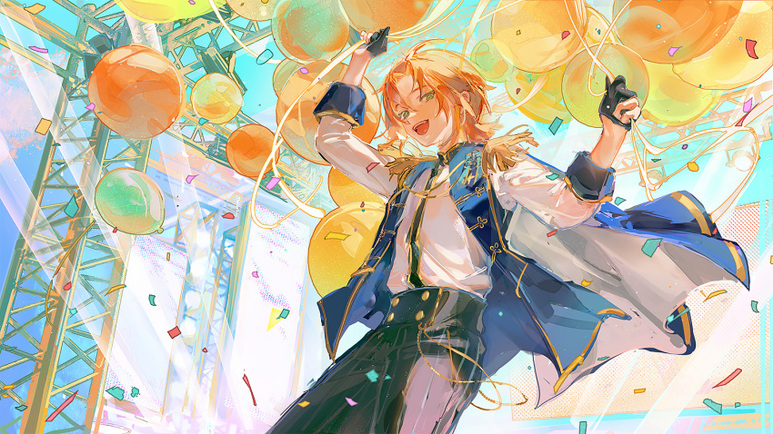 1boy :d aiguillette arm_up balloon black_gloves black_pants blonde_hair confetti ensemble_stars! epaulettes gloves green_eyes half_gloves hand_up holding jacket kei_(keiuu) long_sleeves looking_at_viewer male_focus open_mouth orange_hair outdoors pants partially_fingerless_gloves shirt shirt_tucked_in short_hair smile solo stage teeth tsukinaga_leo upper_teeth_only vest white_shirt
