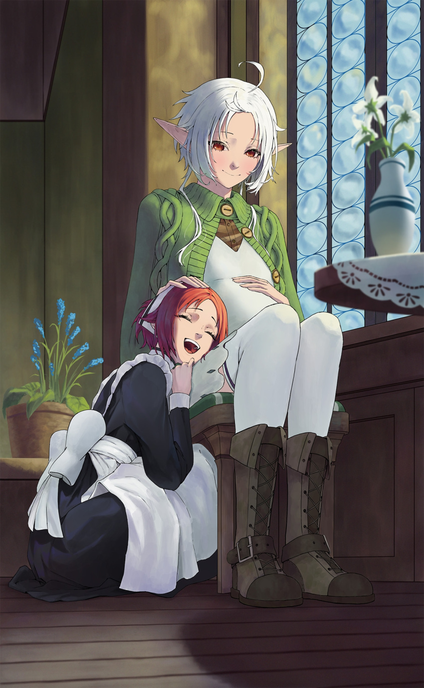 2girls ahoge aisha_greyrat apron aqwariate big_belly black_dress boots brown_footwear chair closed_eyes closed_mouth cross-laced_footwear dress elf flower flower_pot green_sweater hand_on_another's_head hand_on_own_stomach happy highres indoors lace-up_boots light_blush long_pointy_ears long_sleeves maid maid_apron multiple_girls mushoku_tensei on_chair open_mouth plant pointy_ears potted_plant pregnant red_eyes redhead short_hair sitting smile squatting sweater sylphiette_(mushoku_tensei) teeth thigh-highs thighhighs_under_boots upper_teeth_only vase waist_ribbon white_apron white_dress white_flower white_hair white_headdress white_thighhighs window wooden_floor