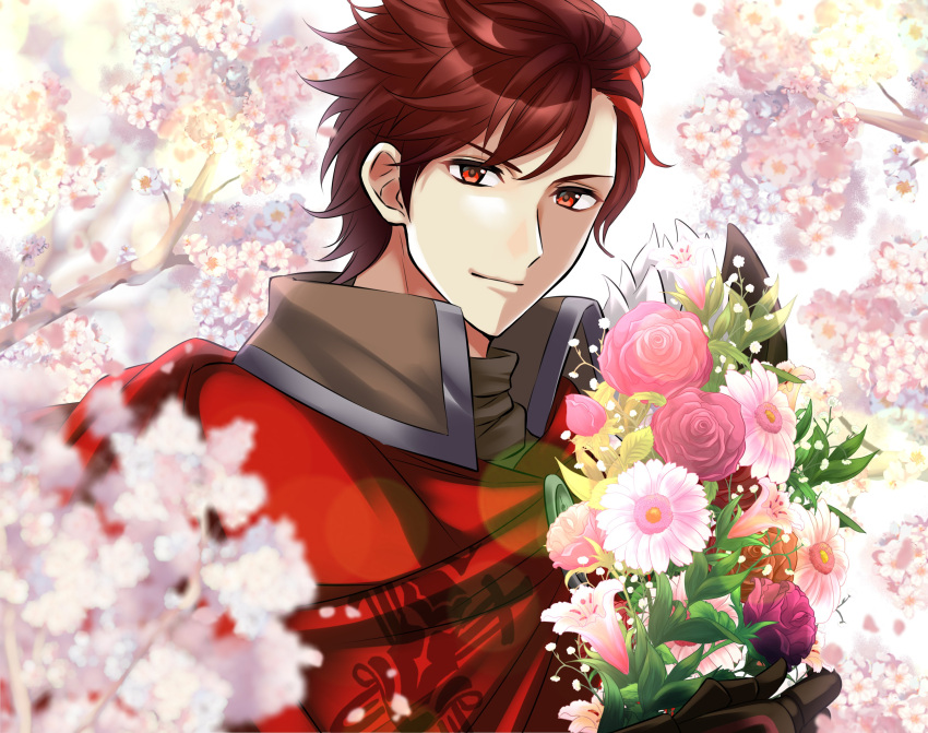 1boy absurdres bouquet cape collared_cloak diamant_(fire_emblem) fire_emblem fire_emblem_engage flower high_collar highres holding holding_bouquet kakiko210 male_focus pink_flower red_cape red_flower redhead