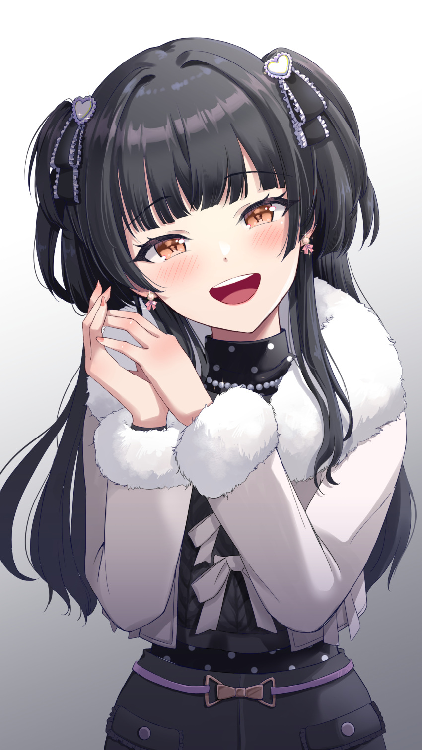 1girl absurdres black_hair blunt_bangs blush earrings fur-trimmed_jacket fur_trim gradient_background hair_intakes hair_ornament heart heart_hair_ornament highres idolmaster idolmaster_shiny_colors jacket jewelry long_hair looking_at_viewer mayuzumi_fuyuko necklace own_hands_together pearl_necklace pink_nails round_teeth shirt_tucked_in solo teeth two_side_up upper_teeth_only yellow_eyes yeogpu_(seung832222)