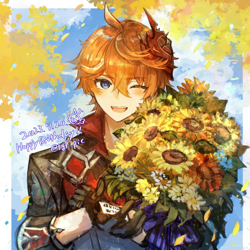 1boy black_gloves blue_eyes blue_flower blush bouquet clouds dated day flower genshin_impact gloves hair_between_eyes happy_birthday highres holding holding_bouquet looking_at_viewer male_focus mask mask_on_head one_eye_closed open_mouth orange_hair outdoors red_flower red_mask sky solo sunflower tartaglia_(genshin_impact) tgf_pic twitter_username upper_body white_flower yellow_flower