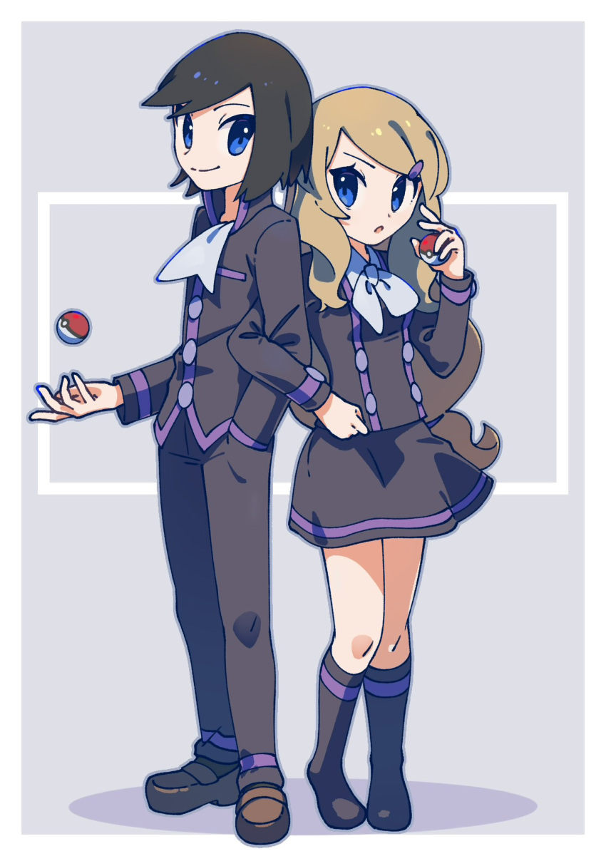 1boy 1girl :o ace_trainer_(pokemon) ace_trainer_(pokemon)_(cosplay) ascot black_hair black_pants black_skirt black_socks blonde_hair blue_eyes bow bowtie brown_footwear calem_(pokemon) closed_mouth cosplay hair_ornament hairclip hand_in_pocket hand_up high_collar highres kneehighs loafers locked_arms long_hair long_sleeves low-tied_long_hair miniskirt omochi_(omotimotittona3) open_mouth pants poke_ball poke_ball_(basic) pokemon pokemon_xy serena_(pokemon) shoes short_hair single_horizontal_stripe skirt smile socks split_mouth standing white_ascot white_bow white_bowtie