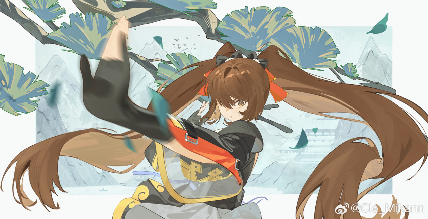 1girl black_bow black_gloves bow brown_eyes brown_hair chinese_clothes chinese_commentary cle_mikann commentary_request falling_leaves girls'_frontline_2:_exilium girls_frontline gloves hair_bow hair_ribbon highres inset_border leaf long_hair looking_at_viewer motion_blur mountain parted_lips partially_fingerless_gloves red_ribbon ribbon solo twintails type_97_(girls'_frontline) upper_body weibo_username