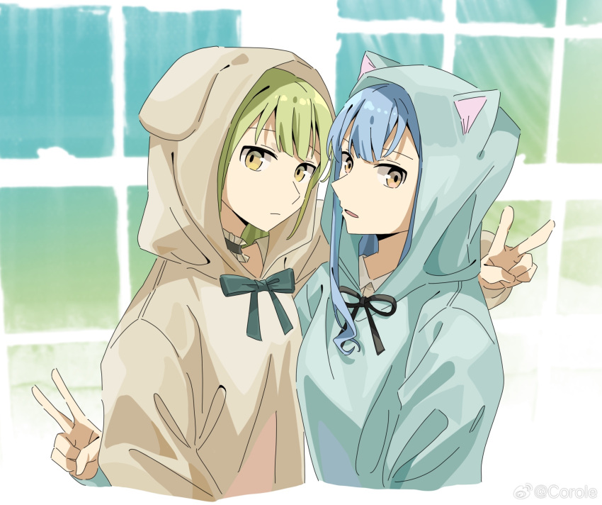 2girls animal_ear_hood arm_around_shoulder bang_dream! bang_dream!_it's_mygo!!!!! black_ribbon blue_hair blue_hoodie brown_hoodie chinese_commentary closed_mouth commentary_request expressionless green_hair highres hood hoodie long_hair long_sleeves multiple_girls neck_ribbon parted_lips ribbon togawa_sakiko upper_body wakaba_mutsumi window yellow_eyes yui_k_(yuik48074789)