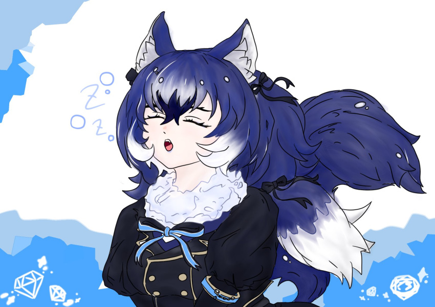 1girl 8tciv0safx84073 animal_ears blue_background blue_hair bow bowtie dire_wolf_(kemono_friends) extra_ears highres jacket kemono_friends kemono_friends_v_project long_hair ribbon scarf simple_background solo tail twintails upper_body virtual_youtuber wolf_ears wolf_girl wolf_tail