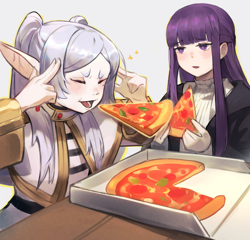 2girls absurdres black_coat blunt_bangs blush capelet closed_eyes coat commentary concentrating dress elf fern_(sousou_no_frieren) fingers_to_head floating food frieren hands_up highres levitation long_hair long_pointy_ears long_sleeves looking_at_another man_levitating_pizza_(meme) meme mrstomachache multiple_girls open_mouth parted_bangs pizza pizza_box pizza_slice pointy_ears purple_hair sidelocks simple_background sousou_no_frieren straight_hair table telekinesis twintails upper_body violet_eyes white_background white_capelet white_dress white_hair