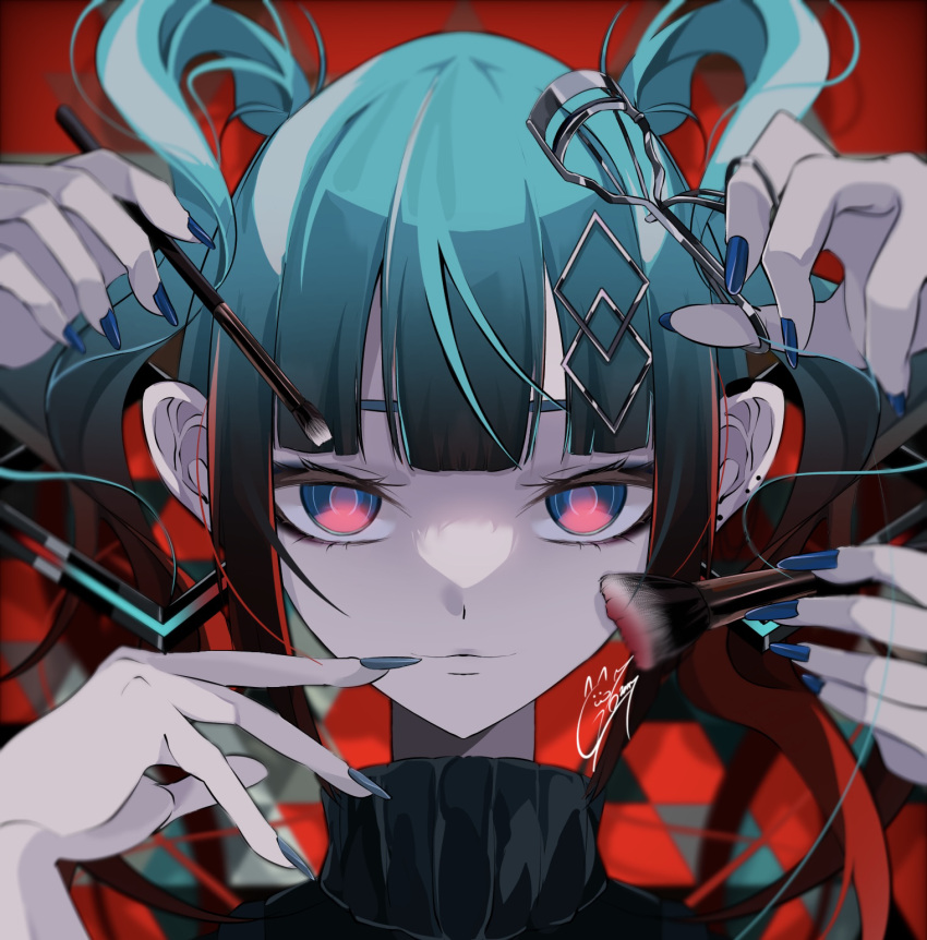 1girl alternate_costume alternate_hairstyle applying_makeup aqua_eyes colored_eyelashes goma_irasuto hair_ornament hatsune_miku highres long_hair looking_at_viewer makeup multicolored_eyes red_eyes solo twintails vocaloid