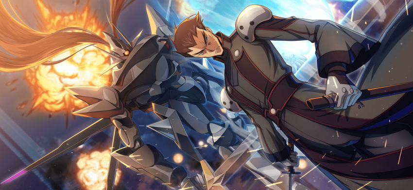 1boy armor artist_request black_coat brown_hair closed_mouth coat code_geass code_geass:_lost_stories cowboy_shot dutch_angle explosion forehead furrowed_brow game_cg gloves grey_eyes grey_gloves highres holding holding_sheath holding_sword holding_weapon katana long_sleeves looking_at_viewer male_focus mecha military_uniform non-web_source official_art one-eyed orange_eyes robot serious sheath short_hair shoulder_armor solo spiky_hair standing sword toudou_kyoushirou uniform v-shaped_eyebrows weapon wide_sleeves zangetsu_(code_geass)