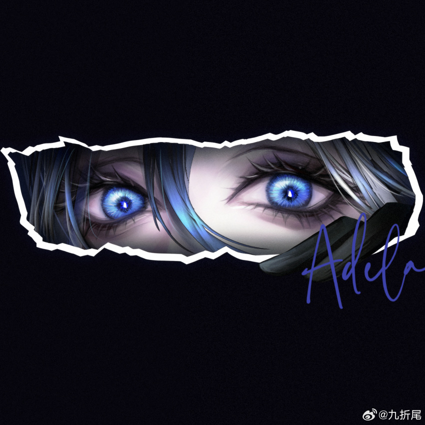 1girl adela_(path_to_nowhere) bags_under_eyes black_gloves blue_eyes blue_hair character_name chinese_commentary commentary eye_focus gloves hair_between_eyes highres looking_at_viewer multicolored_hair path_to_nowhere solo streaked_hair weibo_logo weibo_watermark yu_zhezhe