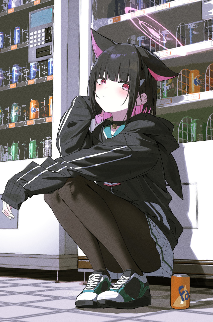 1girl absurdres animal_ears black_choker black_hair black_jacket black_pantyhose blue_archive blush can cat_ears choker closed_mouth colored_inner_hair full_body green_sailor_collar halo highres hood hood_down hooded_jacket jacket kazusa_(blue_archive) long_sleeves looking_at_viewer multicolored_hair pantyhose pink_hair pink_halo pleated_skirt qtian red_eyes sailor_collar shoes short_hair skirt solo squatting white_skirt