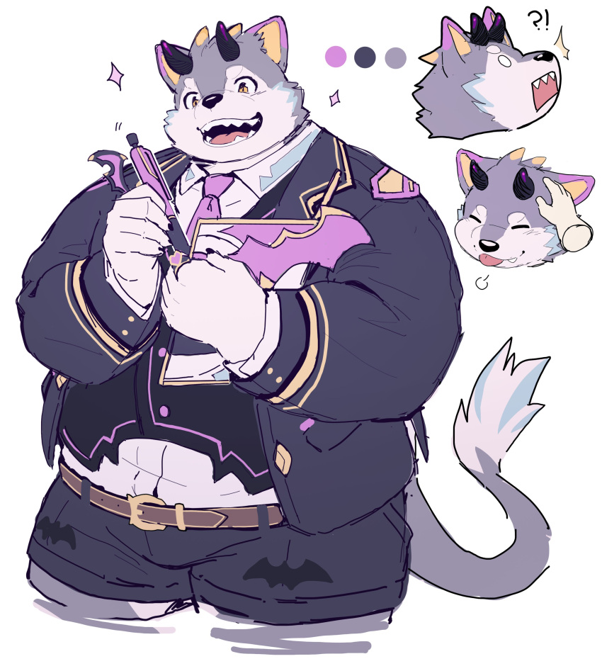 !? 1boy ^^^ absurdres animal_ears bat_wings belphegor_(housamo) belt book closed_eyes color_guide cropped_legs demon_horns dog_boy dog_ears dog_tail fat furry furry_male gold_trim headpat highres holding holding_book holding_pen horns inset jacket looking_at_viewer male_focus necktie o_o open_mouth pen pink_necktie sharp_teeth shirt simple_background sketch solo sparkle tail teeth thick_eyebrows tokyo_afterschool_summoners tongue tongue_out vest white_background white_shirt wings yed_(yedsilent)
