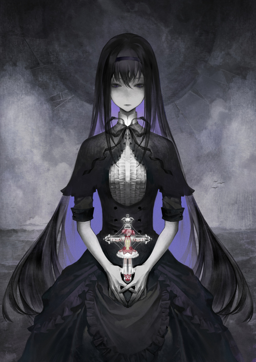 2girls absurdres akemi_homura black_capelet black_dress black_hair black_hairband bow bubble_skirt capelet chinese_commentary choker closed_eyes collared_capelet colored_inner_hair colored_skin commentary_request cowboy_shot crucifixion dress dress_bow expressionless frilled_dress frills gloves gown grey_skin hairband highres homulilly kaname_madoka kiri879147 kneehighs long_hair looking_down mahou_shoujo_madoka_magica mahou_shoujo_madoka_magica:_hangyaku_no_monogatari mini_person minigirl multicolored_hair multiple_girls neck_ribbon outstretched_arms pink_dress pink_hair puffy_short_sleeves puffy_sleeves red_choker red_footwear ribbon shoes short_hair short_sleeves short_twintails simple_bird size_difference skirt socks spread_arms symmetry twintails violet_eyes white_gloves white_skirt white_socks