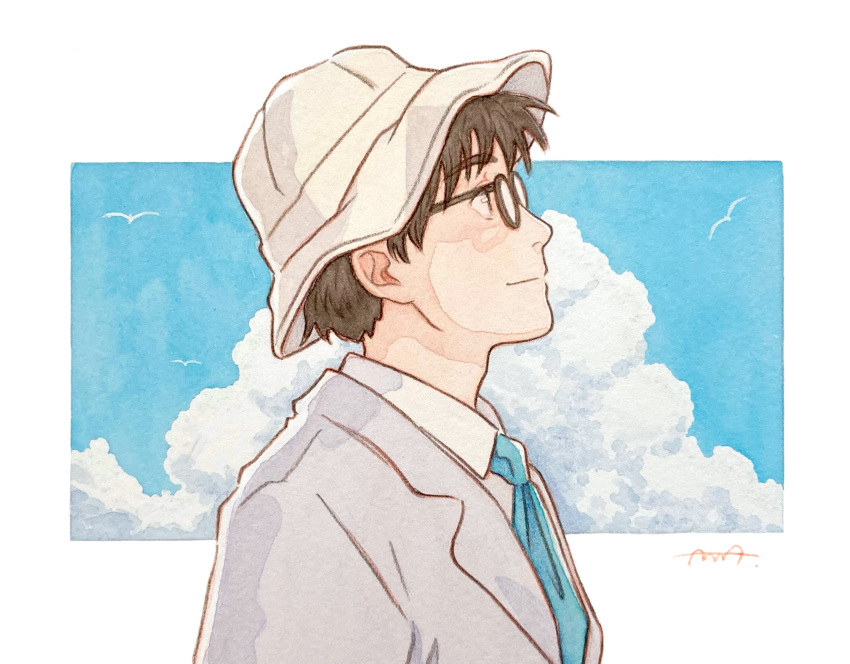 1boy blue_necktie blue_sky border brown-framed_eyewear brown_hair bunbun_hop closed_mouth clouds commentary glasses grey_jacket hat highres horikoshi_jirou jacket kaze_tachinu lapels looking_afar looking_up male_focus necktie outside_border profile round_eyewear short_hair signature simple_bird sky smile solo symbol-only_commentary traditional_media upper_body white_border white_hat