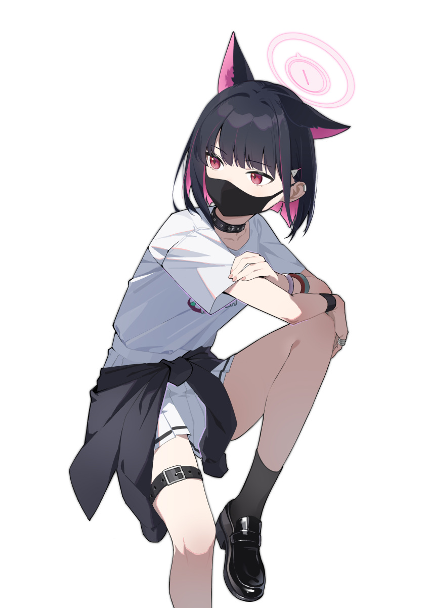 1girl absurdres animal_ears arm_on_knee bangle belt black_collar black_footwear black_hair black_jacket black_socks black_wristband blue_archive bracelet cat_ears clothes_around_waist collar collarbone colored_inner_hair crossed_arms earclip extra_ears foot_out_of_frame hair_ornament hairclip halo highres jacket jacket_around_waist jewelry kazusa_(band)_(blue_archive) kazusa_(blue_archive) knee_up kro_(kroooxd) loafers mask mouth_mask multicolored_hair official_alternate_costume pink_hair pink_halo pink_nails red_eyes ring shirt shirt_tucked_in shoes short_hair short_sleeves simple_background skirt socks solo thigh_belt thigh_strap white_background white_shirt white_skirt