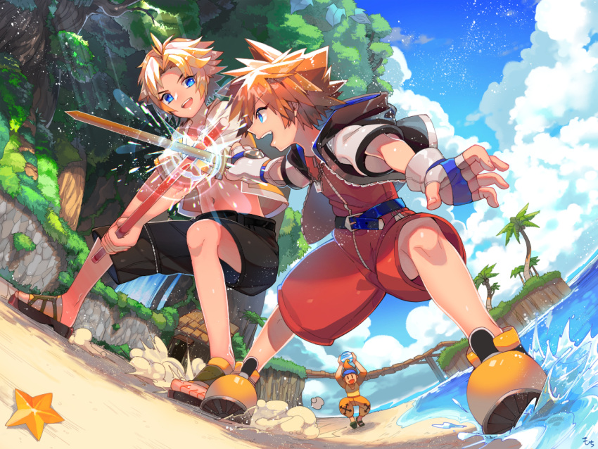 3boys :d ball beach black_shorts blitzball blonde_hair blue_sky brown_hair chain_necklace clouds cloudy_sky crown_necklace day fighting final_fantasy final_fantasy_x fingerless_gloves full-length_zipper gloves holding holding_ball holding_sword holding_weapon island jacket jewelry kingdom_hearts looking_at_another male_focus multiple_boys necklace ocean open_clothes open_jacket open_mouth orange_hair orange_pants osippo outdoors pants sand sandals shirt short_hair short_sleeves shorts sky sleeveless sleeveless_shirt smile sora_(kingdom_hearts) spiky_hair starfish sword tidus tree wakka water waterfall weapon white_gloves white_jacket wide_sleeves wooden_sword yellow_footwear yellow_shirt zipper zipper_pull_tab