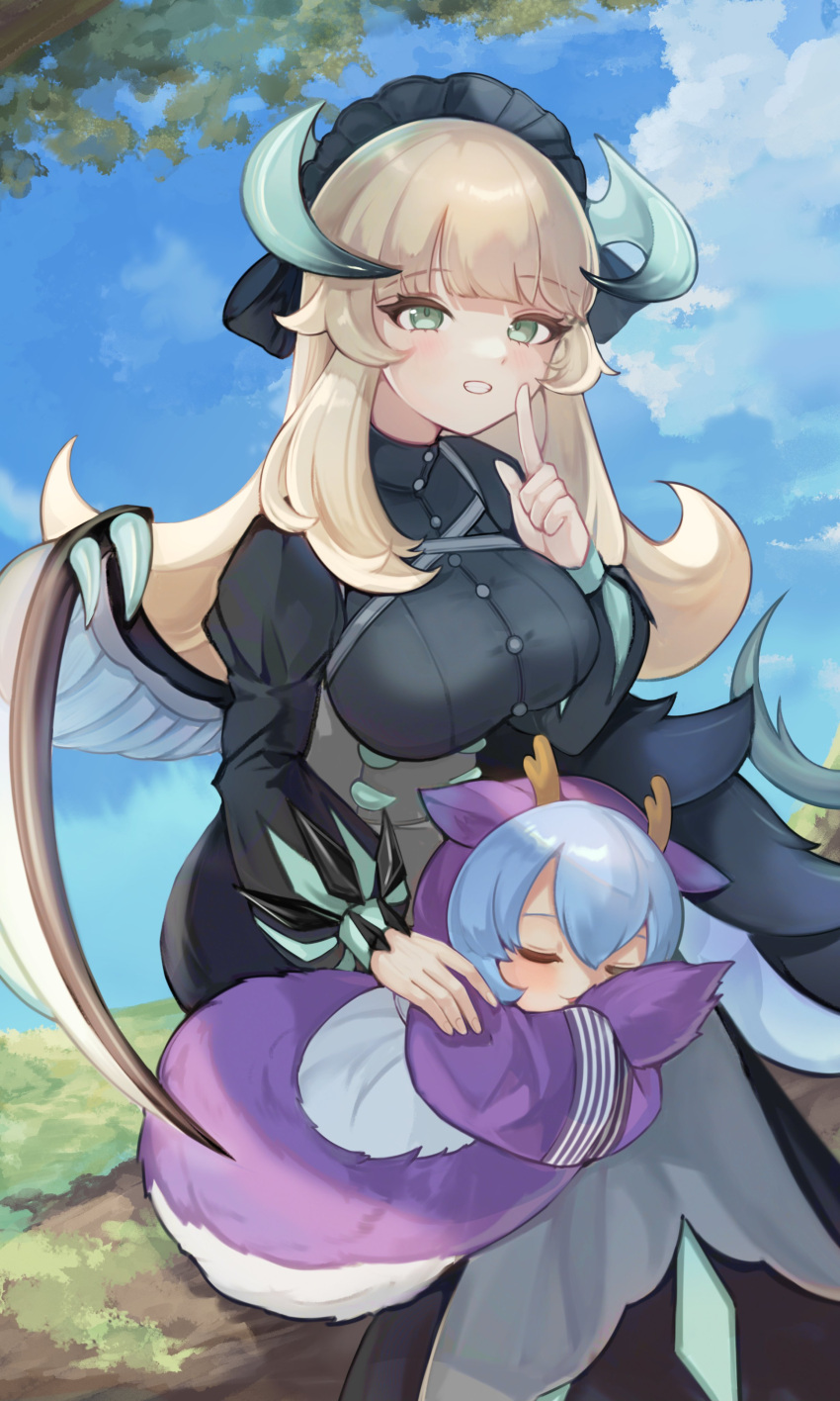 2girls absurdres black_dress blonde_hair blue_hair breasts chamber_dragonmaid closed_eyes clouds dragon_girl dragon_tail dragon_wings dress duel_monster finger_to_mouth grass green_eyes highres large_breasts laundry_dragonmaid light_blush long_hair maid maid_headdress multiple_girls on_lap outdoors senada37 sky sleeping tail tree wings yu-gi-oh!