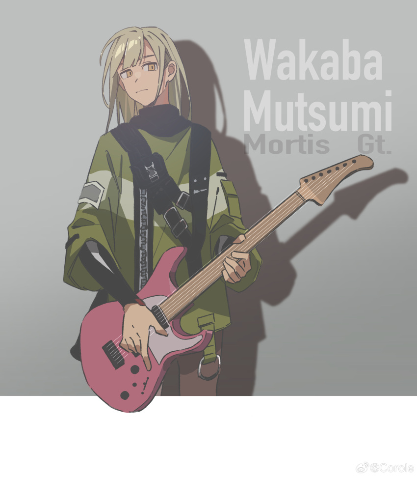 1girl absurdres bang_dream! bang_dream!_it's_mygo!!!!! black_scarf character_name chinese_commentary commentary_request cowboy_shot electric_guitar expressionless gradient_background green_hair green_jacket grey_background guitar highres holding holding_guitar holding_instrument instrument jacket layered_sleeves long_hair long_sleeves looking_at_viewer scarf shadow short_over_long_sleeves short_sleeves solo wakaba_mutsumi yellow_eyes yui_k_(yuik48074789)