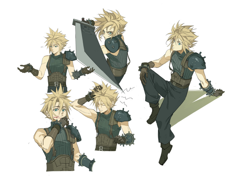 1boy absurdres armor baggy_pants belt black_footwear blonde_hair blue_eyes blue_pants blue_shirt boots brown_belt brown_gloves buster_sword closed_eyes cloud_strife dododo final_fantasy final_fantasy_vii final_fantasy_vii_rebirth final_fantasy_vii_remake gloves hair_between_eyes hand_in_own_hair hand_to_own_mouth highres holding holding_sword holding_weapon male_focus multiple_belts multiple_views pants shirt short_hair shoulder_armor shrugging single_bare_shoulder single_shoulder_pad sleeveless sleeveless_turtleneck solo spiky_hair suspenders sword turtleneck weapon white_background