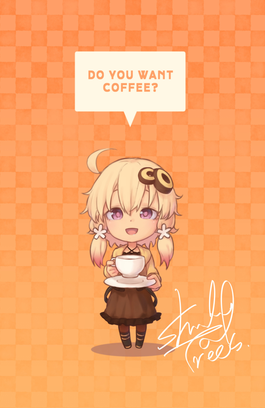 1girl absurdres ahoge alternate_color alternate_costume alternate_hair_color blonde_hair brown_dress checkered_background chibi colored_tips criss-cross_halter cup dress english_text food-themed_clothes full_body hair_ornament halter_dress halterneck highres holding holding_cup holding_saucer hood hood_down hoodie long_hair long_sleeves looking_at_viewer multicolored_hair open_clothes open_hoodie open_mouth orange_background pink_hair saucer shade_of_trees short_hair_with_long_locks signature smile solo speech_bubble standing straight-on teacup violet_eyes vocaloid voiceroid yellow_hoodie yuzuki_yukari