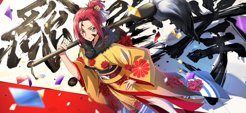 1girl artist_request blue_eyes breasts calligraphy calligraphy_brush closed_mouth code_geass code_geass:_lost_stories confetti dutch_angle facepaint floral_print flower forehead from_above fur-trimmed_kimono fur_collar fur_trim game_cg hair_bun hair_flower hair_intakes hair_ornament hair_stick hand_on_own_hip hand_up happy highres holding holding_brush japanese_clothes kimono kouzuki_kallen long_sleeves looking_at_viewer medium_breasts non-web_source obi official_art over_shoulder oversized_object paintbrush red_flower sash short_hair sidelocks single_hair_bun smile solo standing translation_request v-shaped_eyebrows wide_sleeves yellow_flower yellow_kimono