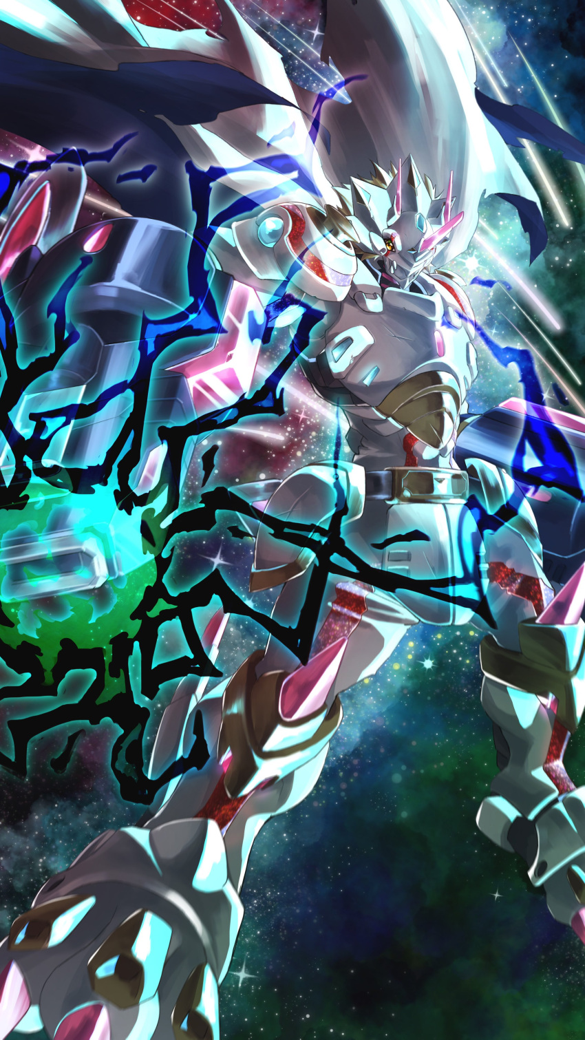 absurdres arm_cannon armor blonde_hair capelet colored_skin crotch_plate digimon digimon_(creature) dragon electricity energy forehead_jewel highres horns powering_up short_hair siriusmon solo space tartarte_tatin weapon white_armor white_capelet white_skin yellow_eyes