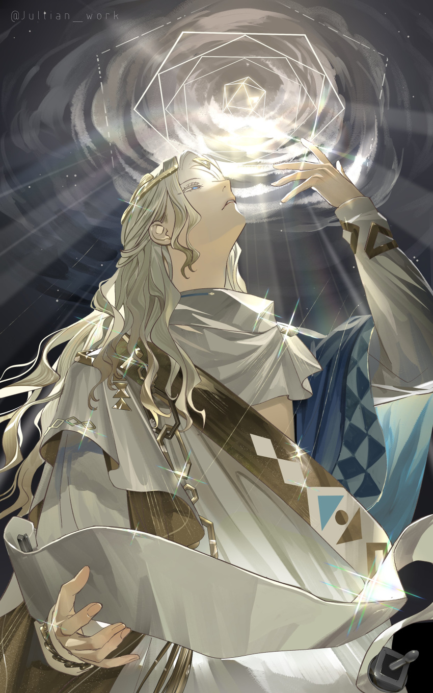 1boy 6_(reverse:1999) absurdres ancient_greek_clothes blonde_hair blue_eyes circlet colored_eyelashes facing_up glowing greco-roman_clothes grey_sky hand_up hexagon highres himation holding holding_scroll icosahedron jullian_work light_rays long_hair looking_up male_focus parted_lips reverse:1999 scroll sky solo twitter_username upper_body