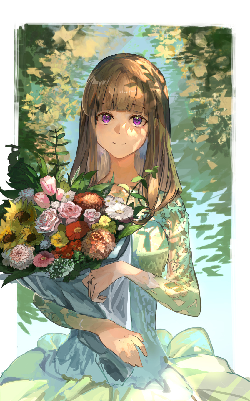 1girl absurdres bouquet brown_hair closed_mouth dress flower green_dress hands_up highres holding holding_bouquet kasumi_yuzuha long_sleeves looking_at_viewer medium_hair original shadow smile solo sunlight tree upper_body violet_eyes