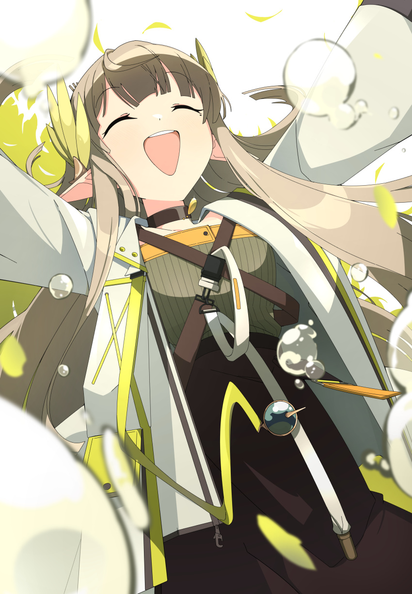1girl absurdres arknights black_choker blush brown_hair bubble choker closed_mouth coat commentary elf happy highres i211 jacket long_hair long_sleeves mole mole_under_eye muelsyse_(arknights) open_clothes open_mouth pointy_ears shirt simple_background smile solo symbol-only_commentary very_long_hair yellow_eyes