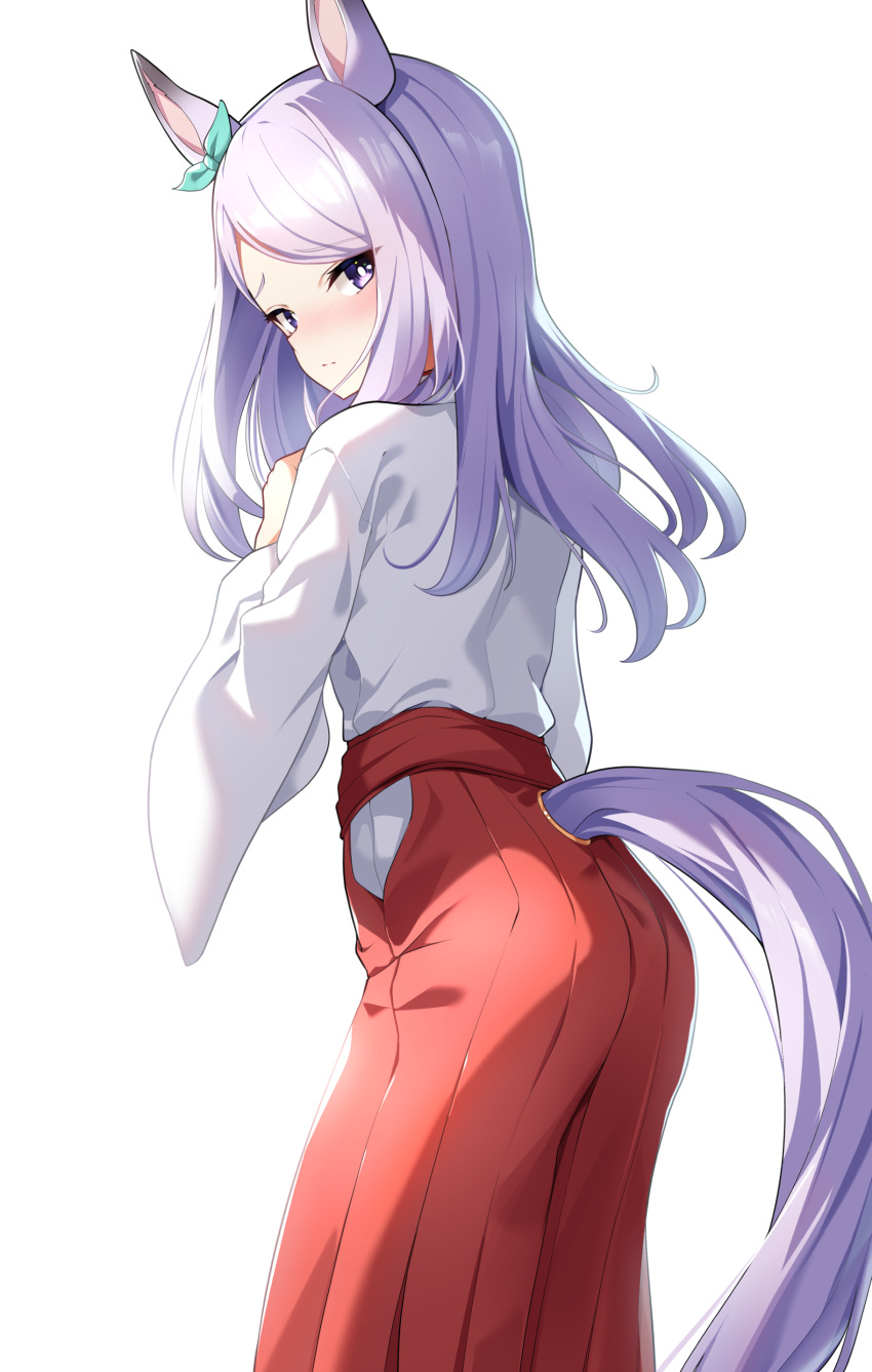 1girl absurdres alternate_costume animal_ears ass blush closed_mouth commentary_request highres horse_ears horse_girl horse_tail japanese_clothes long_hair looking_at_viewer mejiro_mcqueen_(umamusume) miko purple_hair simple_background solo sunny_(20597521) tail umamusume violet_eyes white_background