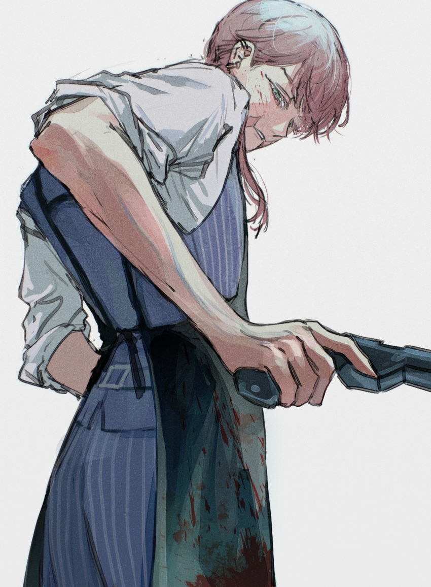 1boy apron black_apron ear_piercing from_behind green_eyes gun highres holding holding_gun holding_weapon looking_back looking_down male_focus nyub piercing pink_hair sanzu_haruchiyo shirt sleeves_rolled_up solo striped_clothes suit tokyo_revengers weapon white_shirt wolf_cut