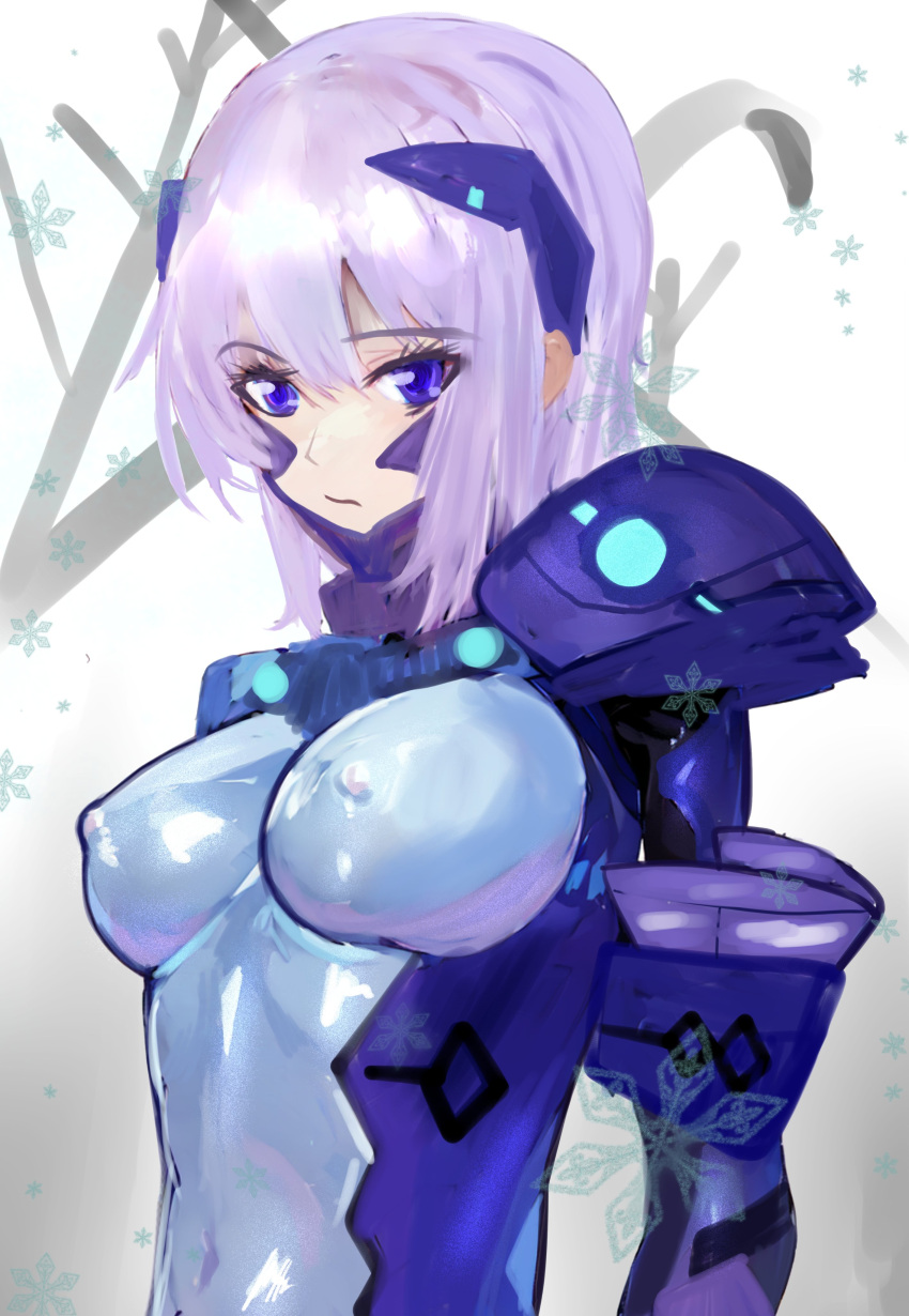 1girl absurdres blue_bodysuit bodysuit breasts cryska_barchenowa fortified_suit highres impossible_bodysuit impossible_clothes kisaragi9a large_breasts muv-luv muv-luv_alternative muv-luv_total_eclipse pilot_suit see-through_bodysuit short_hair simple_background skin_tight solo violet_eyes white_hair