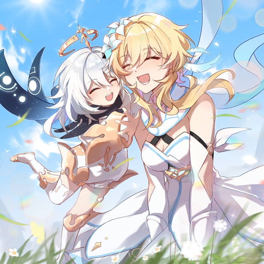 2girls :d absurdres bare_shoulders blonde_hair blue_cape blue_sky cape chinese_commentary closed_eyes commentary_request detached_sleeves dress floating flower genshin_impact grass hair_between_eyes hair_flower hair_ornament halo highres light_blush long_hair lower_teeth_only lumine_(genshin_impact) multiple_girls outdoors outstretched_arm paimon_(genshin_impact) scarf short_hair_with_long_locks sky smile strapless strapless_dress sunlight teeth upper_teeth_only white_dress white_hair white_scarf white_sleeves wind yimi_(jwee7342)