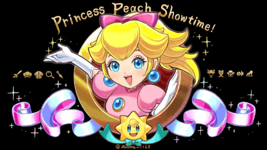 1girl blonde_hair blue_eyes bow breasts commentary_request copyright_name cosmetics dress earrings elbow_gloves gloves highres jewelry looking_at_viewer metro-goldwyn-mayer pink_bow pink_dress ponytail princess_peach princess_peach:_showtime! short_sleeves sphere_earrings star_(symbol) stella_(peach) super_mario_bros. suruga_kanade white_gloves