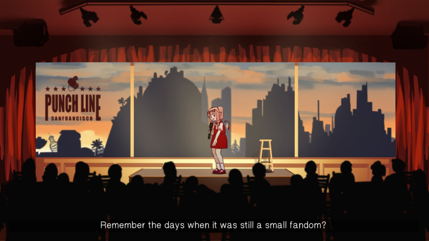 1girl blonde_hair collared_shirt commentary english_text eyewear_on_head flandre_scarlet fourth_wall highres holding holding_microphone mary_janes microphone one_side_up pointy_ears puffy_short_sleeves puffy_sleeves red_eyes red_skirt red_vest shirt shoes short_hair short_sleeves silhouette skirt socks stage stage_lights stool symbol-only_commentary touhou vest white_shirt wings yoruny