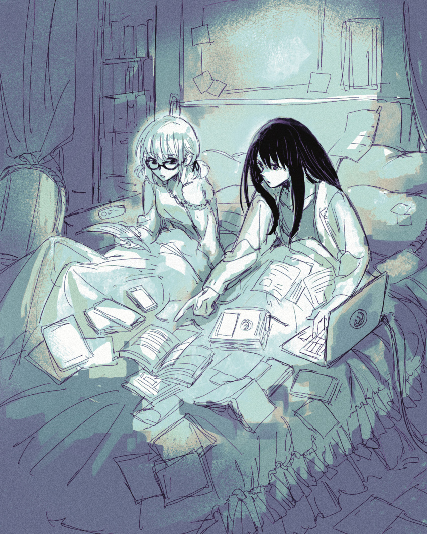 2girls bedroom book commentary_request computer glasses highres indoors inoue_takina koyomania laptop limited_palette long_hair long_sleeves lycoris_recoil medium_hair multiple_girls nishikigi_chisato off_shoulder on_bed open_book parted_lips pointing short_twintails twintails under_covers
