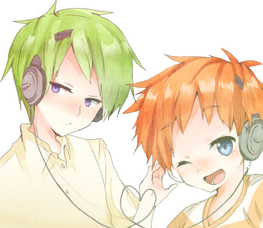 2boys blue_eyes brothers ferb_fletcher fuukou_furiko green_hair multiple_boys open_mouth phineas_and_ferb phineas_flynn redhead shirt short_hair siblings smile striped_clothes striped_shirt white_background