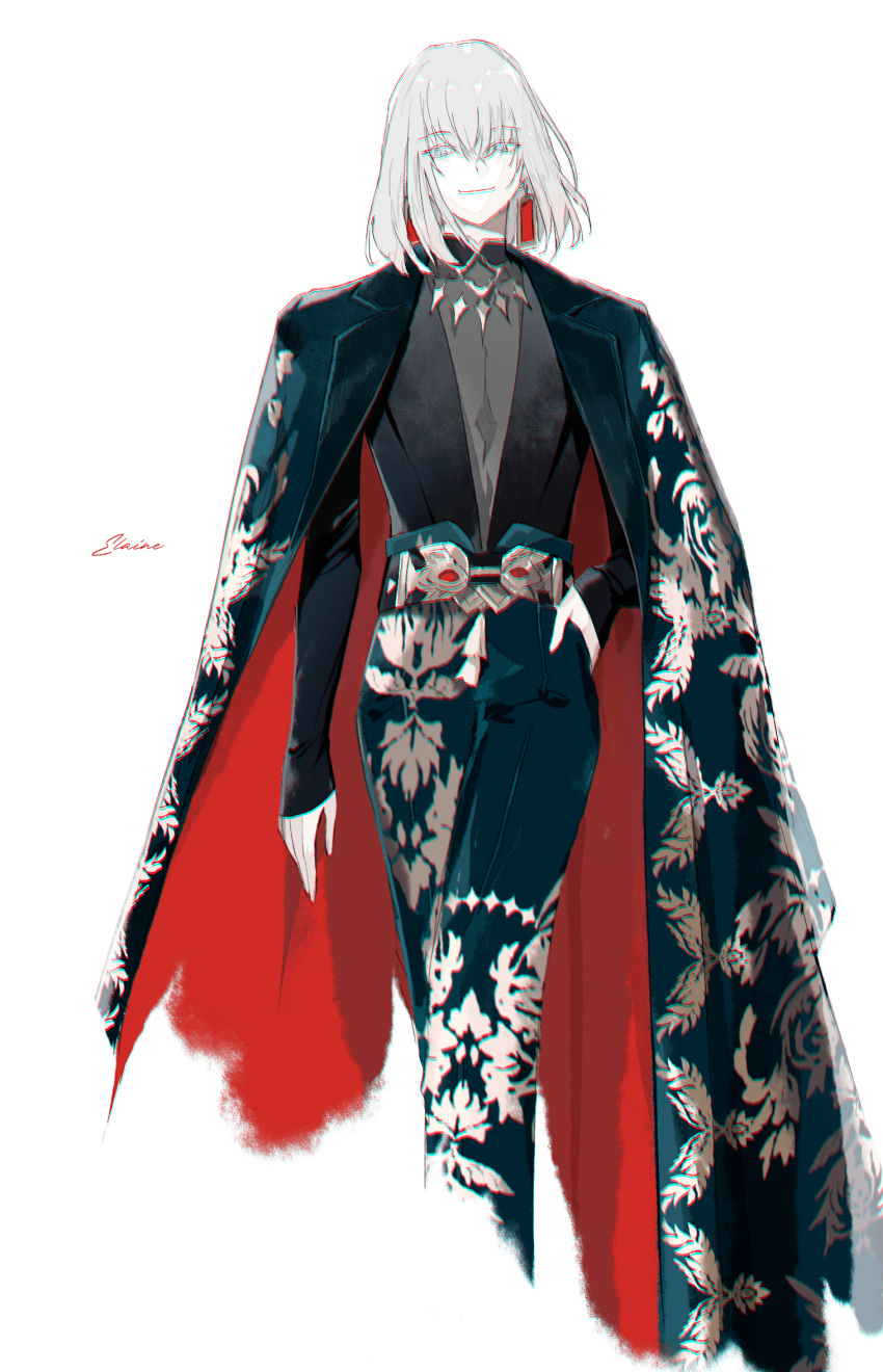 1boy alternate_costume blue_eyes cape earrings elaine-didaea fate/grand_order fate_(series) formal green_cape grey_hair highres jewelry long_sleeves male_focus medium_hair oberon_(fate) pants red_cape shirt simple_background smile solo suit two-sided_cape two-sided_fabric