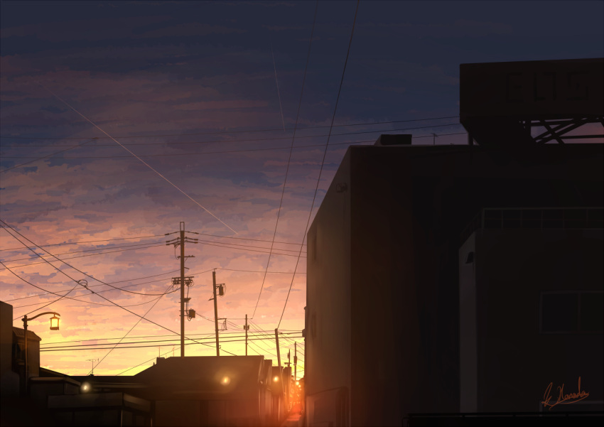 alu.m_(alpcmas) building clouds commentary_request contrail evening house lamppost no_humans original outdoors power_lines road scenery signature silhouette sky street sunset utility_pole vanishing_point