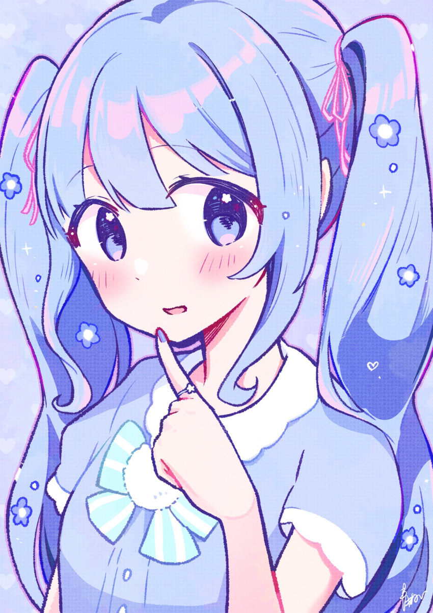 1girl :d aoiyui blue_bow blue_bowtie blue_eyes blue_flower blue_hair blue_nails blue_shirt blush bow bowtie dot_nose finger_to_mouth flower hair_flower hair_ornament hair_ribbon hatsune_miku highres index_finger_raised jewelry long_hair looking_at_viewer nail_polish open_mouth pink_ribbon ribbon ring shirt short_sleeves sidelocks signature smile solo twintails upper_body vocaloid