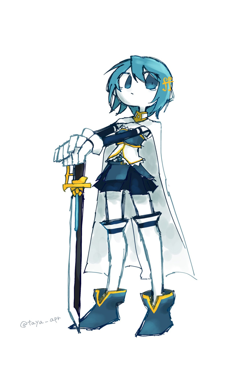 artist_name blue_eyes blue_footwear blue_hair blue_skirt cape detached_sleeves fortissimo full_body gloves hair_ornament hashtag-only_commentary highres holding holding_sword holding_weapon looking_at_viewer magical_girl mahou_shoujo_madoka_magica mahou_shoujo_madoka_magica_(anime) miki_sayaka miki_sayaka_(magical_girl) miniskirt musical_note musical_note_hair_ornament planted planted_sword short_hair simple_background skirt standing sword taya_apr thigh-highs weapon white_background white_cape white_gloves white_thighhighs