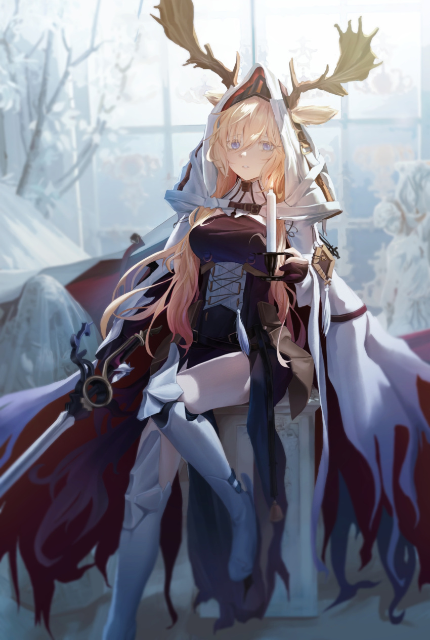 animal_ears antlers antlers_through_headwear antlers_through_hood arknights armored_boots blonde_hair blue_eyes boots candle cape cloak deer_antlers deer_ears deer_girl dress ears_through_headwear ears_through_hood highres holding holding_candle holding_sword holding_weapon hood hood_up hooded_cape horns implied_extra_ears long_hair open_cloak open_clothes sword viviana_(arknights) weapon white_cape white_hood window yomou_pawf4375